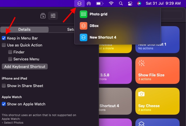 Show a shortcut in menu bar