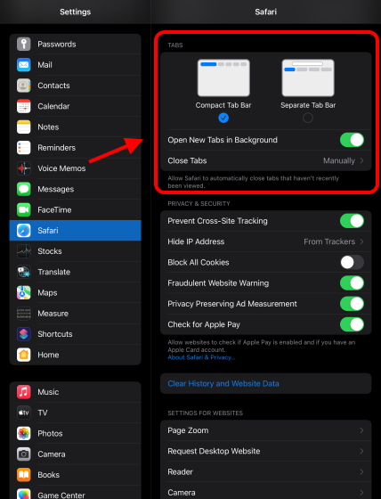 how to change safari bar on ipad