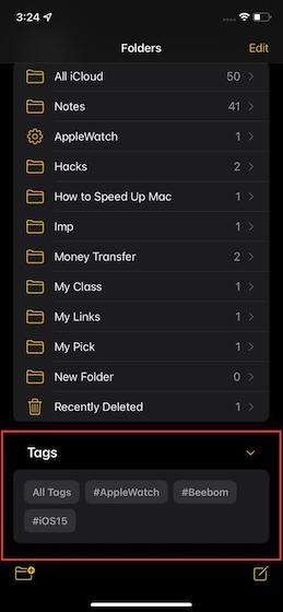 Tags section in Apple Notes app