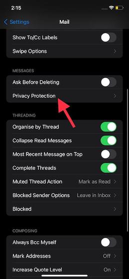 انقر فوق حماية الخصوصية-كيفية تمكين حماية خصوصية البريد في iOS 15 على iPhone 