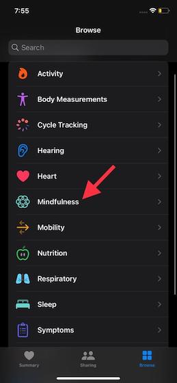 Mindfulness category within the health app 