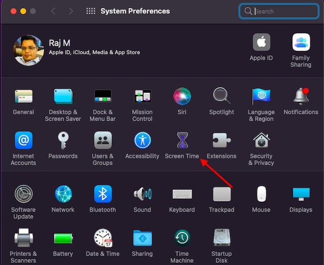 Screen Time option under system preferences