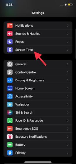 Screen Time in settings