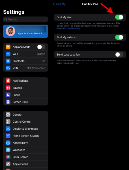 Turn off Find My iPad