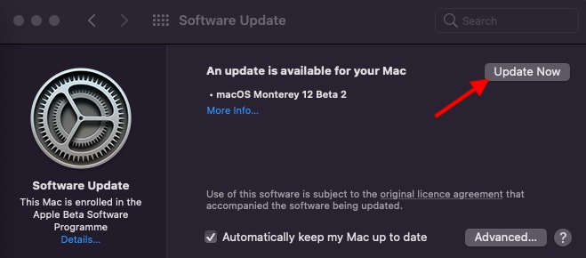 Update Now -  Install macOS Monterey Public Beta