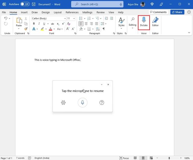 الكتابة الصوتية في تطبيقات Office في Windows 11