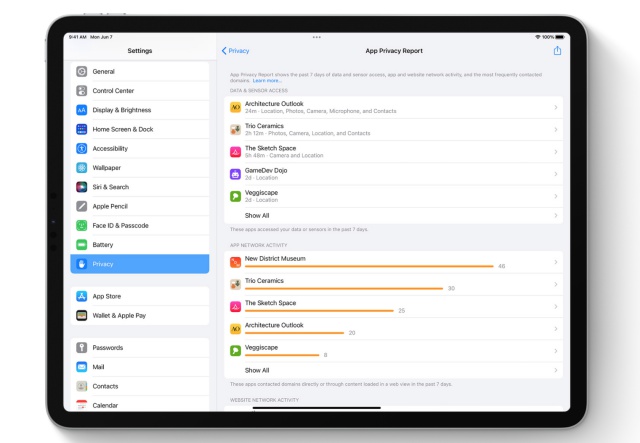 app privacy report in iPadOS 15