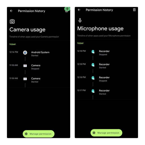 camera and mic graph Android 12 privacy dashboard