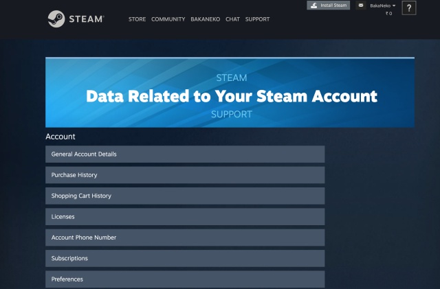 údaje týkající se vašeho účtu steam