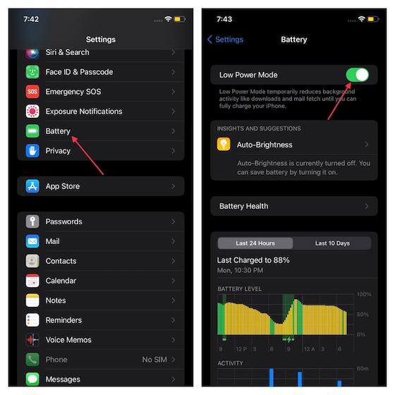enable low power mode on iPhone