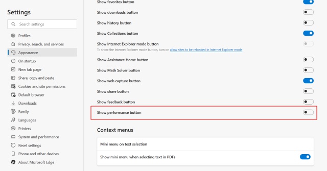 show performance button - microsoft edge