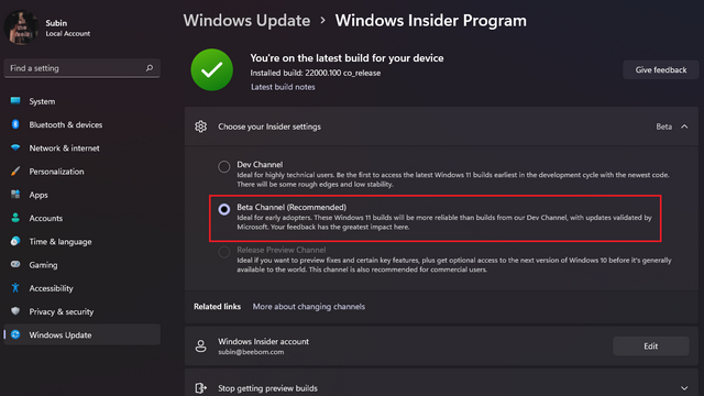 Change Windows 11 Insider Channels 