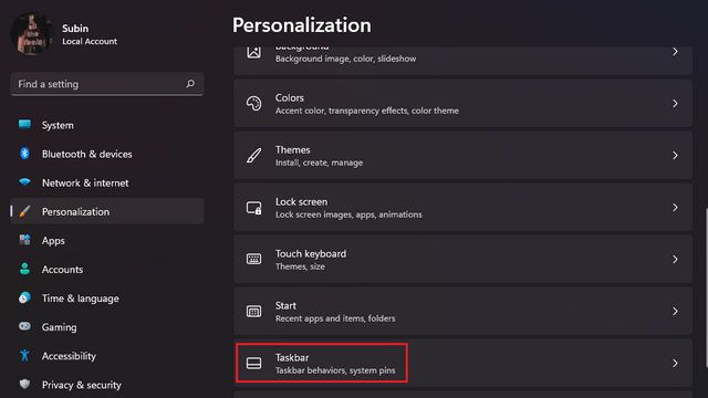 taskbar windows 11 settings app
