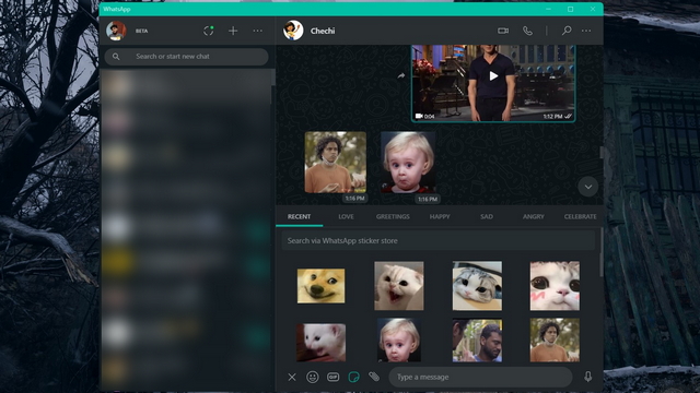 whatsapp desktop recent stickers