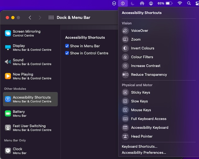 Add Accessibility shortcuts to menu bar on Mac macOS 12