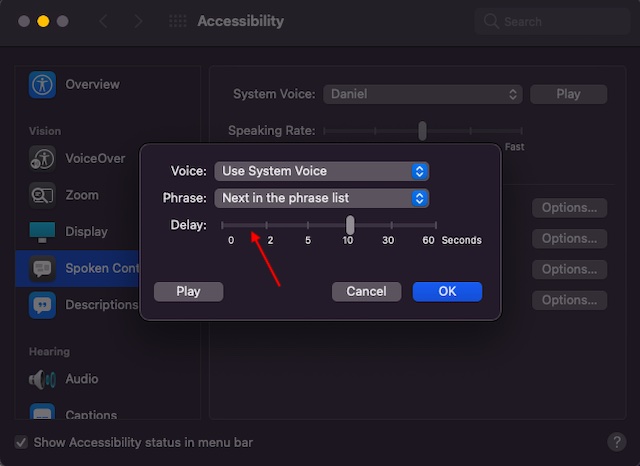 Adjust delay for alert annoucements on Mac