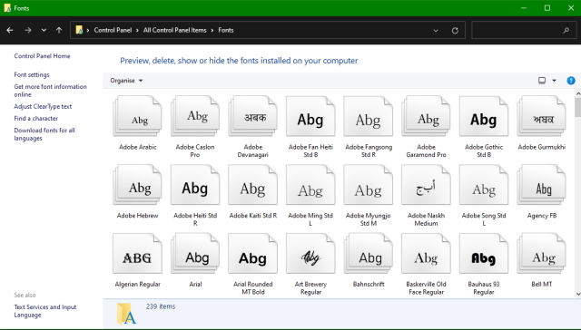 Все шрифты установлены в Windows 11 и Windows 10