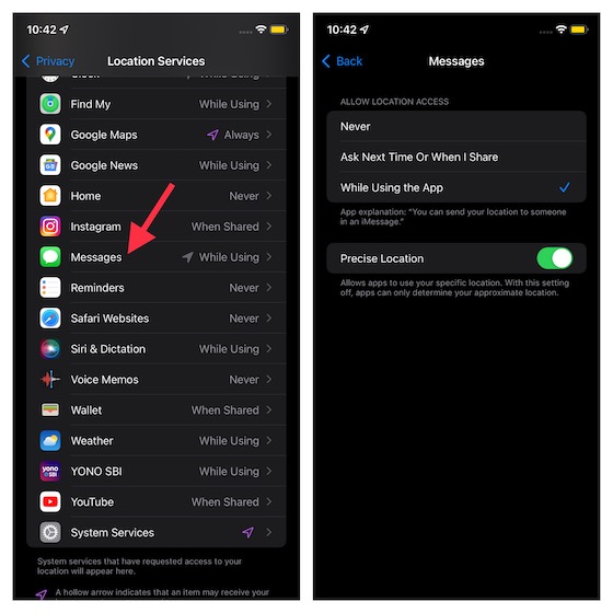 Allow Messages app to access your location -Share your Live Location in iMessage on iPhone