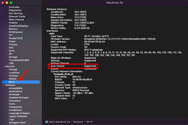 Auto Unlock Supported option under Wi-Fi settings