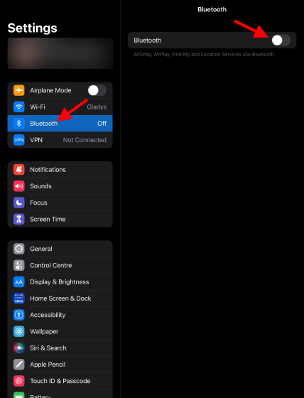 Bluetooth settings screen 