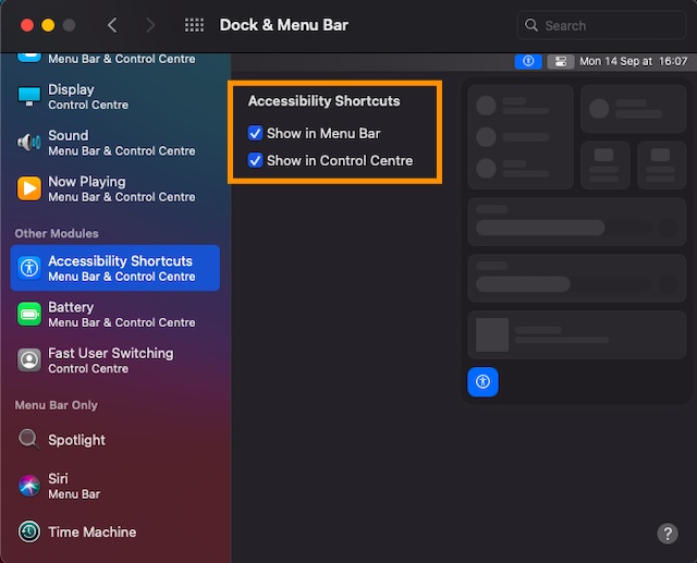 Enable Accessibility Shortcuts in Menu Bar and Control Centre.