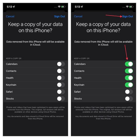 Choose the data you want to save on your device and sign out