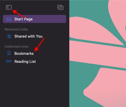 Bookmarks option in the sidebar