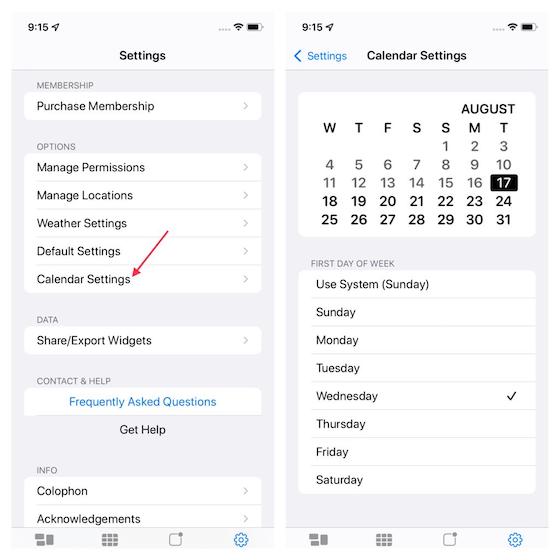 Calendar Settings in Widgetsmith