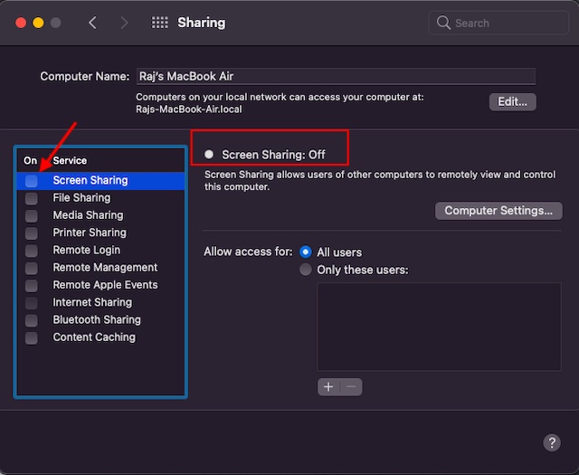 Disable Screen Sharing on Mac