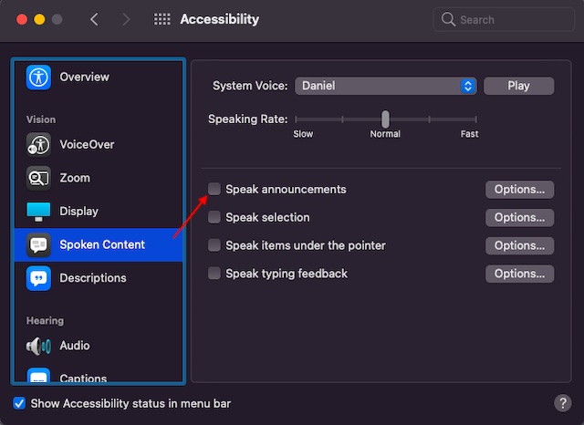 Disable Speak Annoucements on Mac