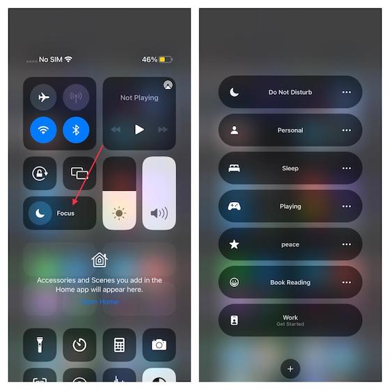 Enable Focus Mode using Control Center