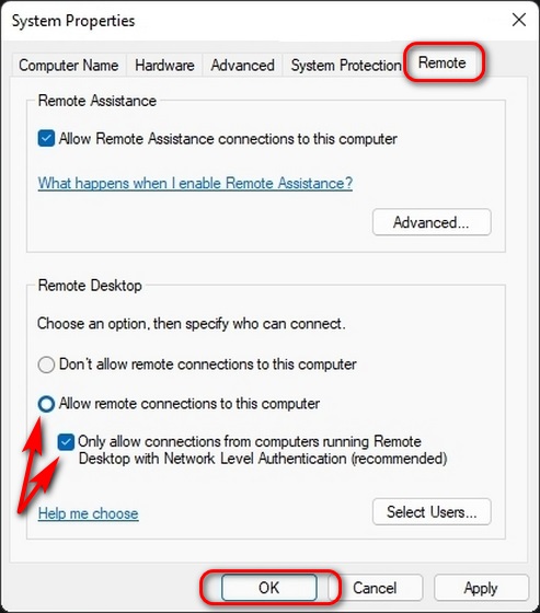 Enable Remote Desktop on Windows 11 Via Control Panel