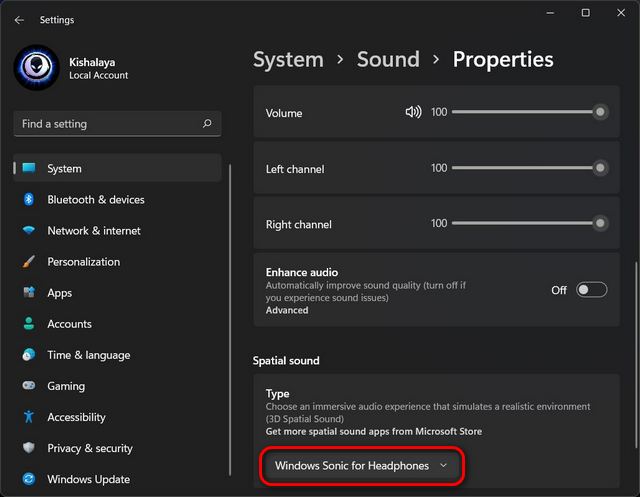 Enable Spatial Sound and Enhance Audio on Windows 11