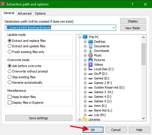 Место назначения файлов для установки шрифтов в Windows 10