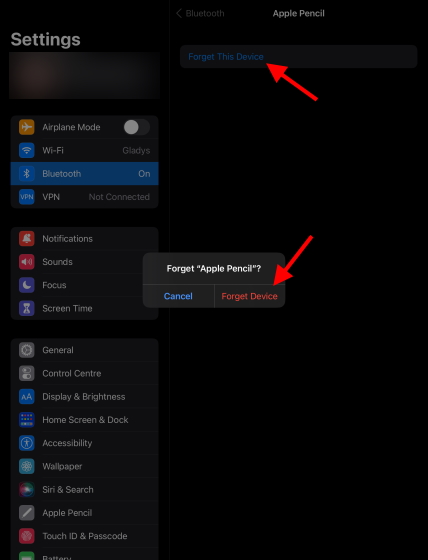 Disconnecting Apple Pencil from iPad by Forgetting Device.