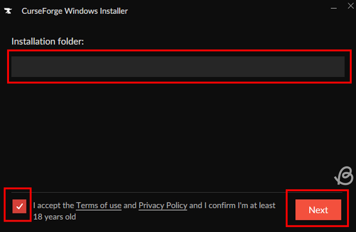 Choose the installation folder and agree to the terms before selecting the Next button