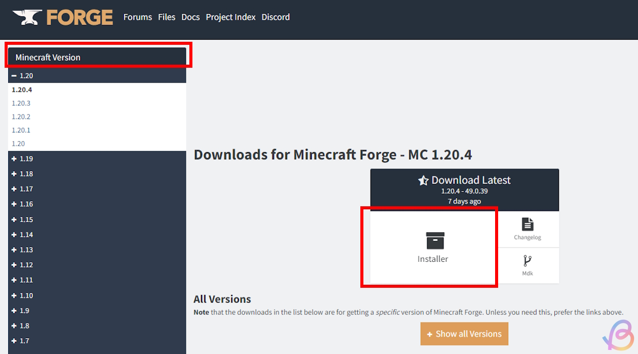 Select Minecraft version and click on the Installer button