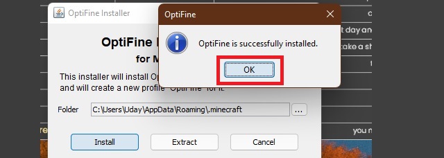 قم بتثبيت Optifine