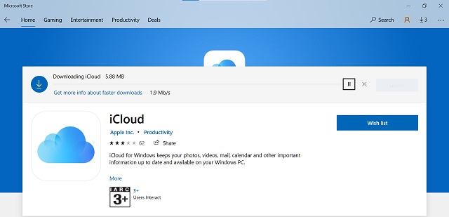 iCloud product page in Microsoft Store