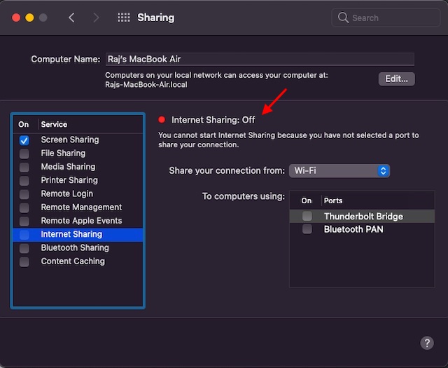 Disable Internet Sharing on Mac