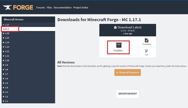 Minecraft Forge Επίσημη ιστοσελίδα