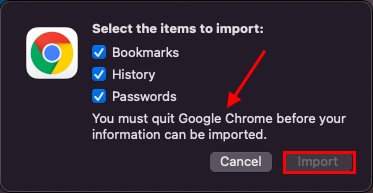 Prompt to quit Google Chrome to import