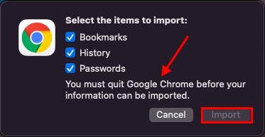 Aufforderung zum Beenden von Google Chrome zum Importieren