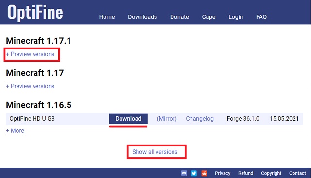 Optifine Downloads Page