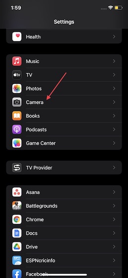 Select Camera in the settings