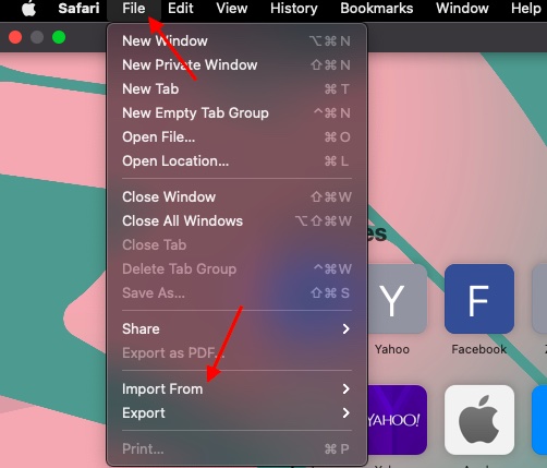 Option „Importieren von“ in Safari für Mac