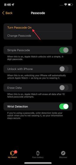 Turn Passcode On option via Watch app settings