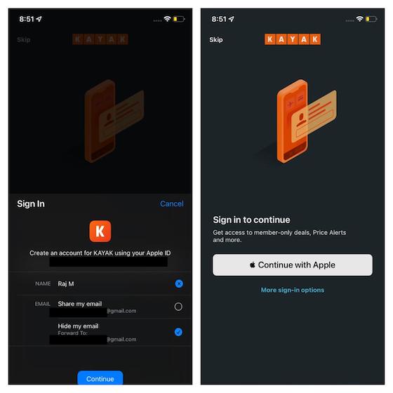 Sign in with Apple option for Kayak app
