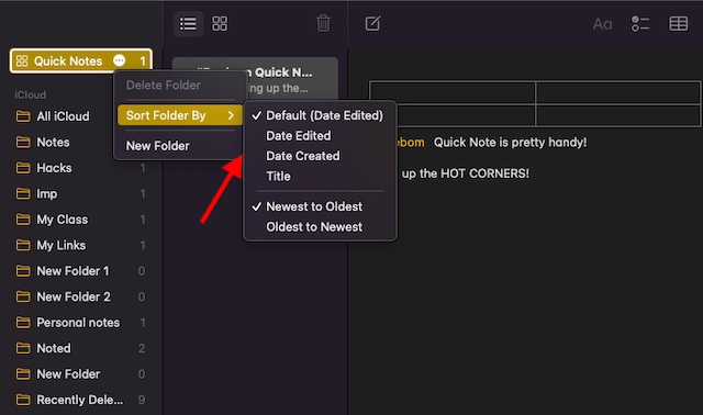 Sort Quick Notes Folder on macOS 12