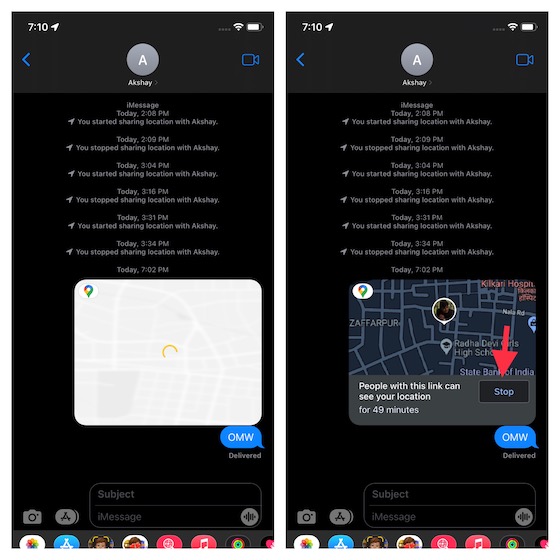 Прекратить публиковать текущее местоположение через Google Maps в iMessage на iPhone